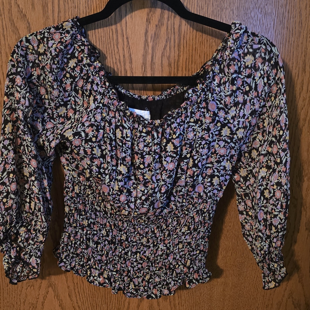 Anthropologie Black and White Puff Sleeve Smocked Blouse
